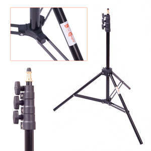 Multi image showing the stand set-up and a close up of the legs, adjustment screws and spigot.