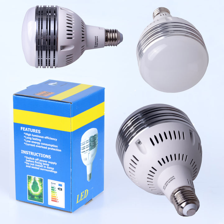 3 smaller images of the bulb from angles infront, behind and the side, the packaging box is displayed showing the specifications.