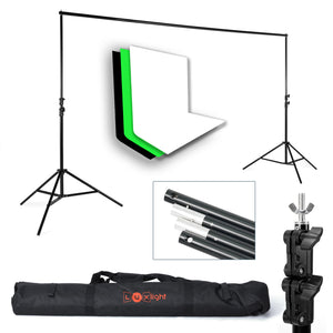 Background Support Stand Kit & 3 Muslin Backdrops | White Black Green |